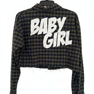 Fashion Nova Baby Girl Plaid Crop Top Size S Olive Green Gingham Flannel Shirt